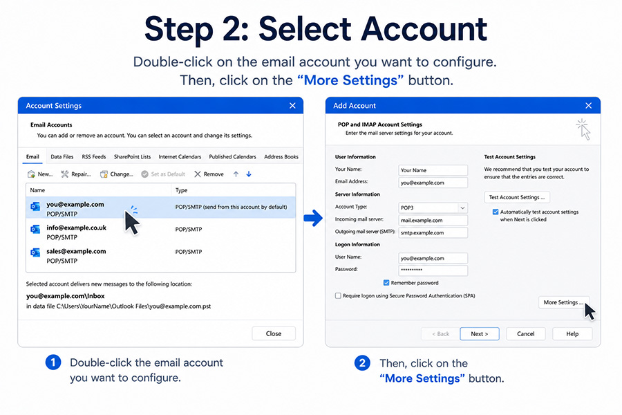 2 - Select account and more settings