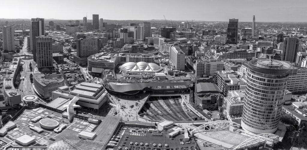 View of the skyline of Birmingham, UK including The church of St Martin